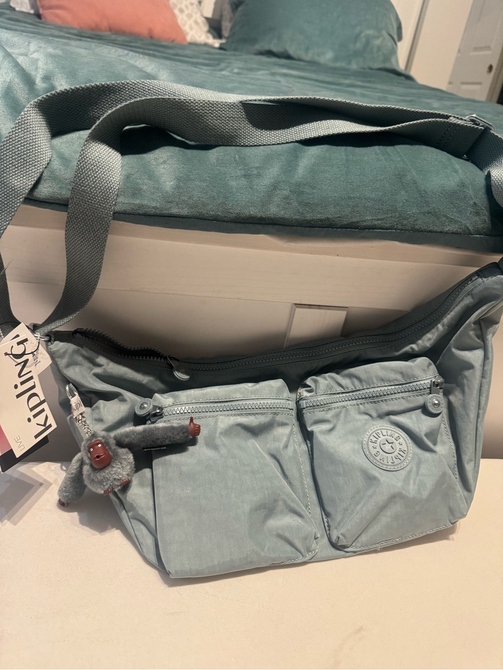 Kipling Dusty Blue Crossbody Bag with Monkey Charm - Picture 2 of 4